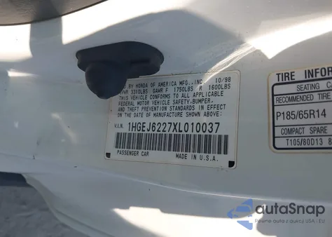 1999 Honda Civic Dx from USA, damaged, VIN 1HGEJ6227XL010037